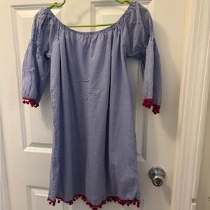 Blue striped summer dress with cute Pom-Pom detail